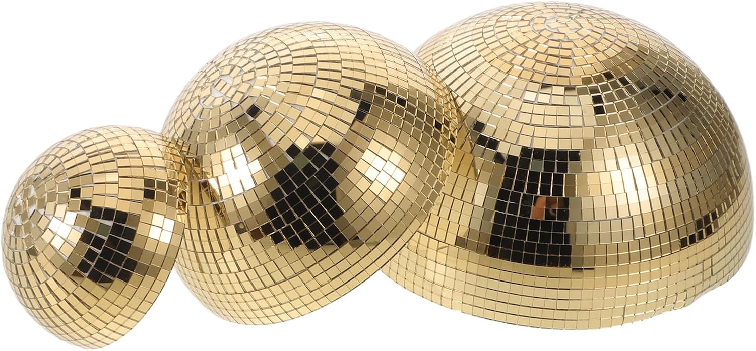 LOGOFUN 3pcs Mirror Disco Ball Glass Reflective Hemisphere Wall Decor with Adhesive for Home Dance Party Wedding Holiday Golden 10cm 15cm 20cm