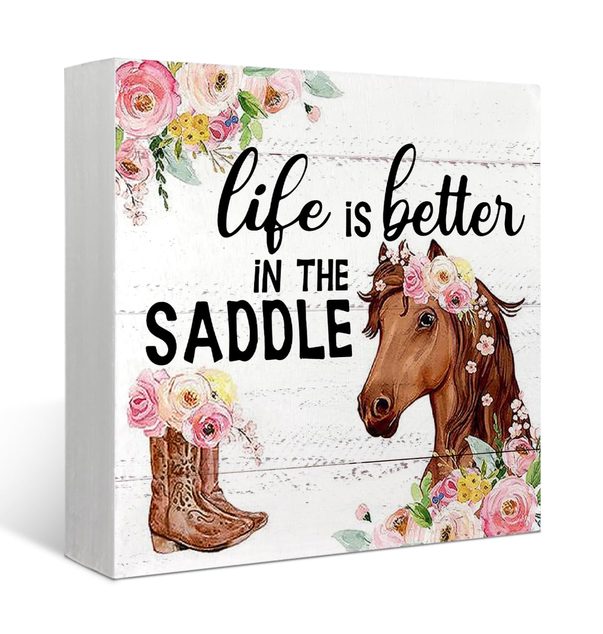 Mtrgdn Horse Decor,Cowgirl Room Decor,Life is Better in the Saddle Flower Wood Box Sign Decor for Home Farmhouse Girls Bedroom Bathroom Decorations,5x5 Inch