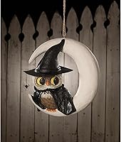 Vista 3 de Bethany Lowe Figura de papel maché de búho brujo, en la luna