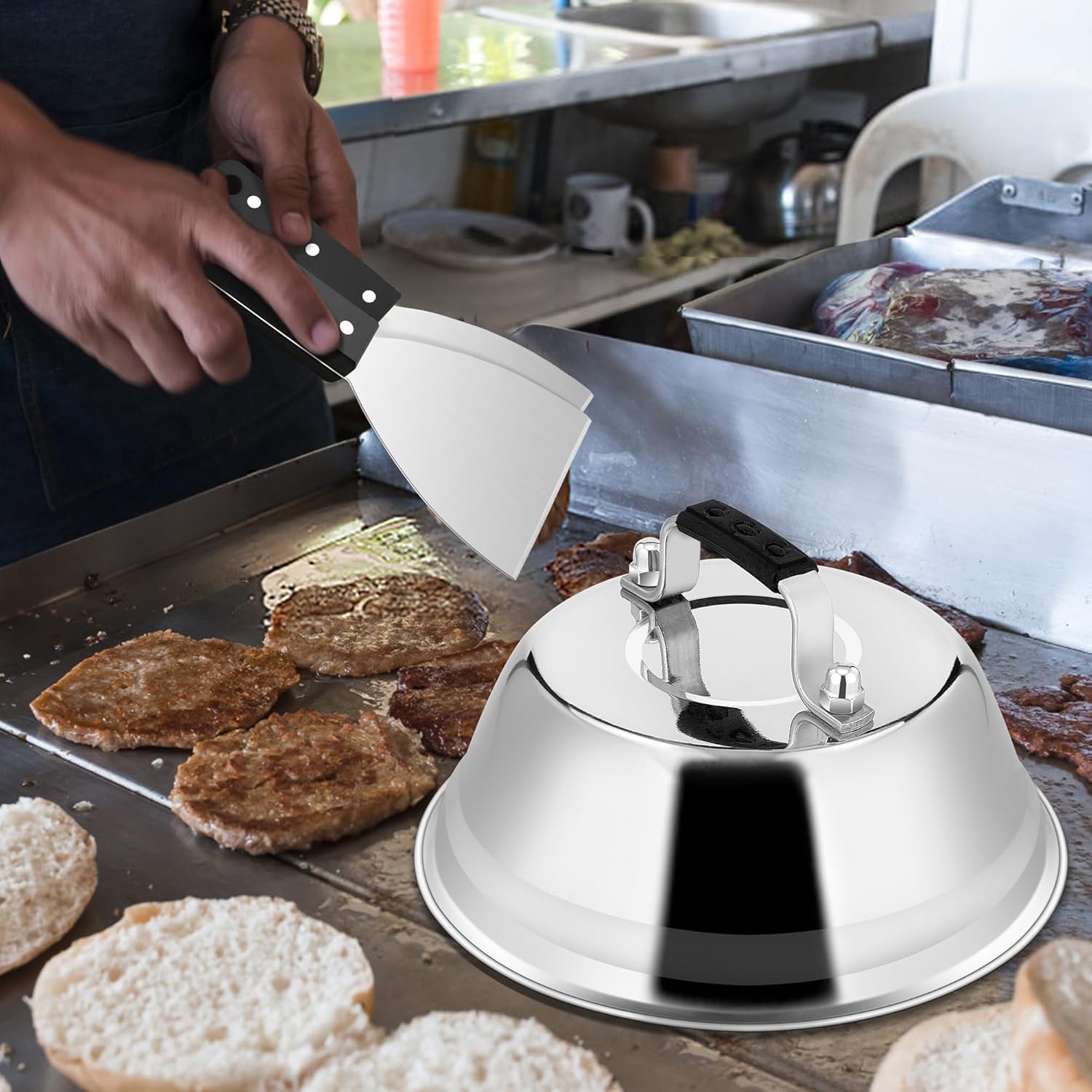 Joyfair Smash zestaw sztućców do grilla ze stali nierdzewnej, z 2 dzwonkami do burgerów i 2 szpatułkami do grilla, akcesoria do grilla na zewnątrz i wewnątrz, na kempingu i podczas grillowania