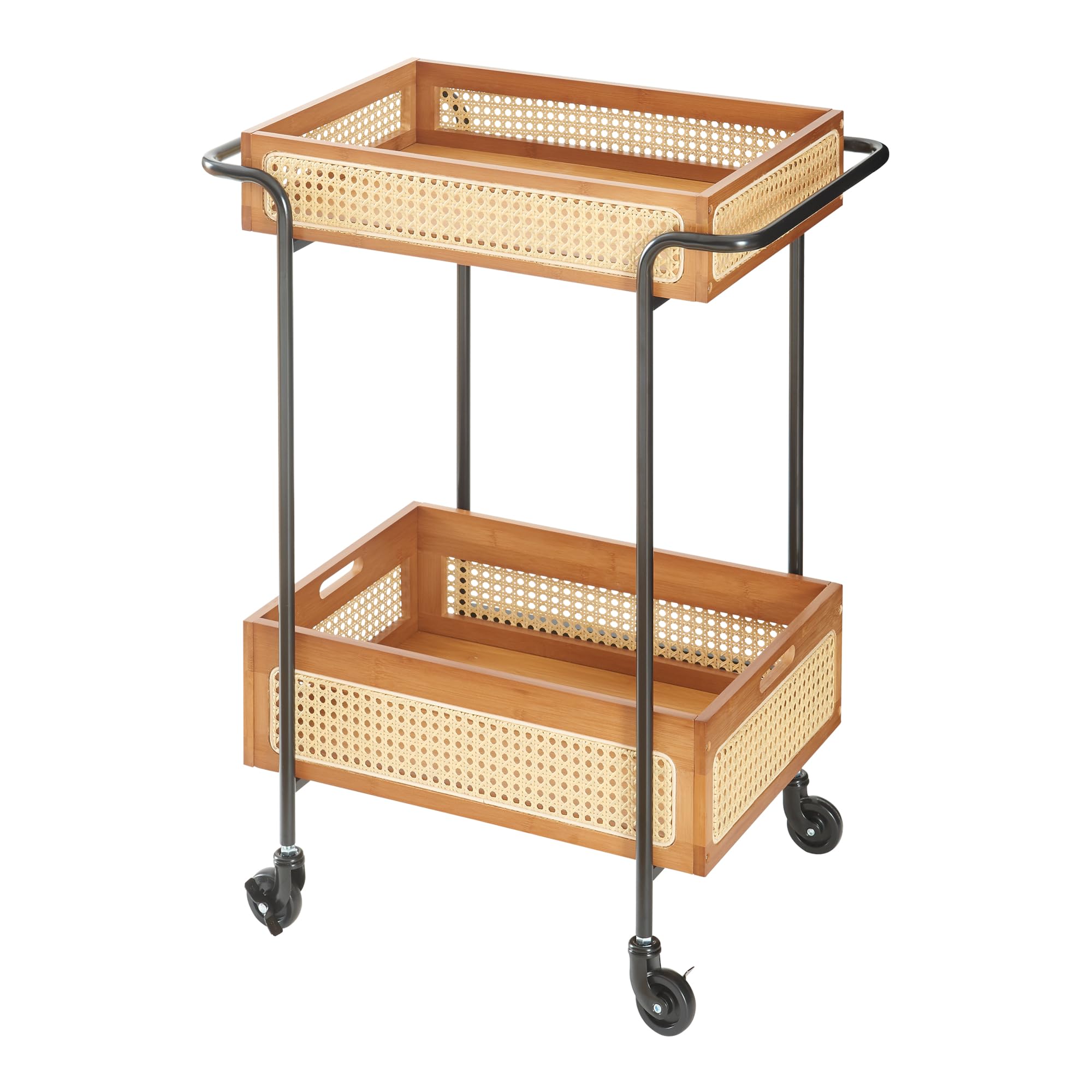 [en.casa] Carro de Servicio Tervola con 2 Cestas Carrito de Cocina Estantería de Baño con 4 Ruedas Multiusos Versátil Resistente Metal/Bambú 81x61x39cm - Negro/Efecto Ratán