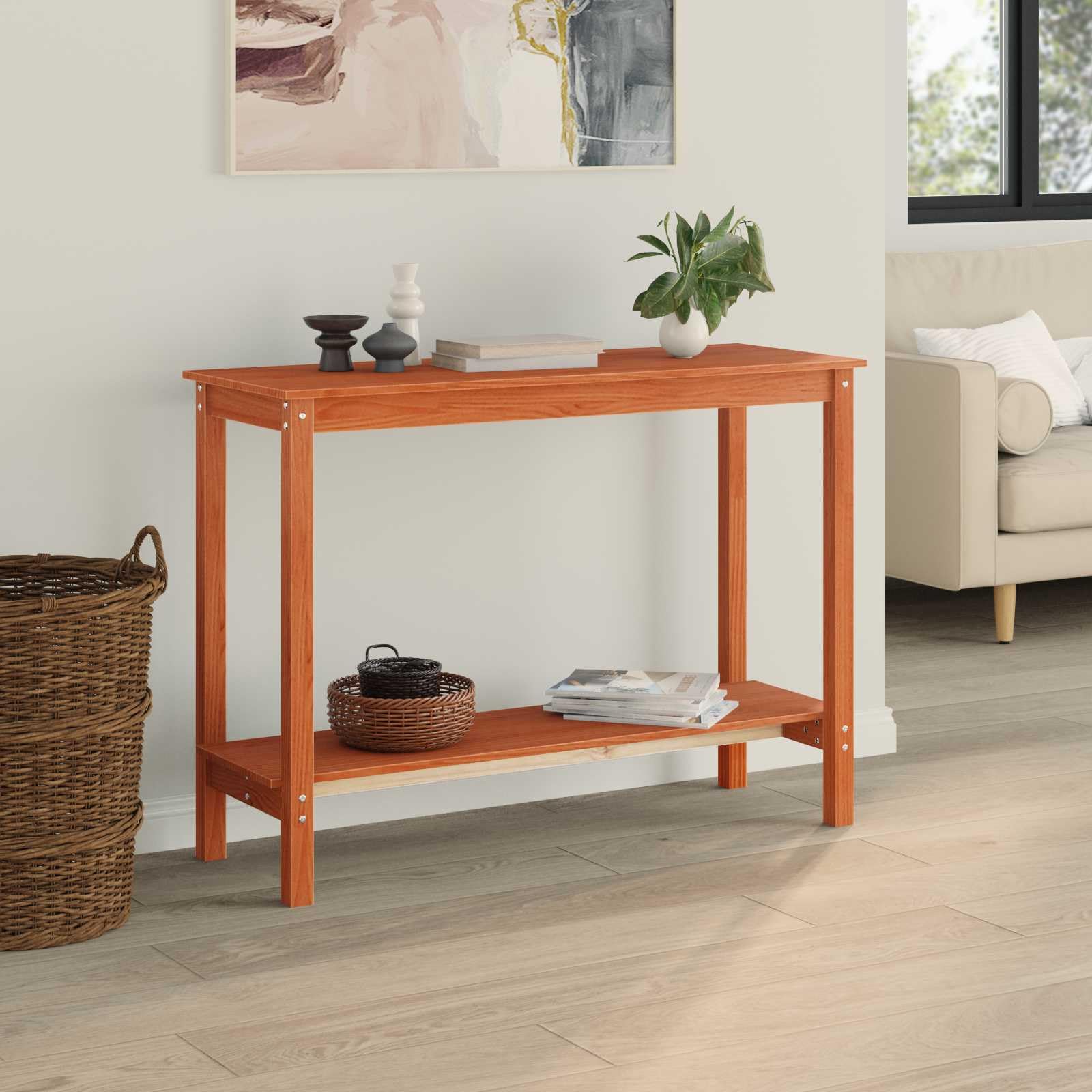 Mesa consola marrón cera madera de pino macizo 110 x 40 x 80 cm con estante, mesa auxiliar versátil para salón, pasillo, dormitorio, estante estable para decoración, libros y bebidas