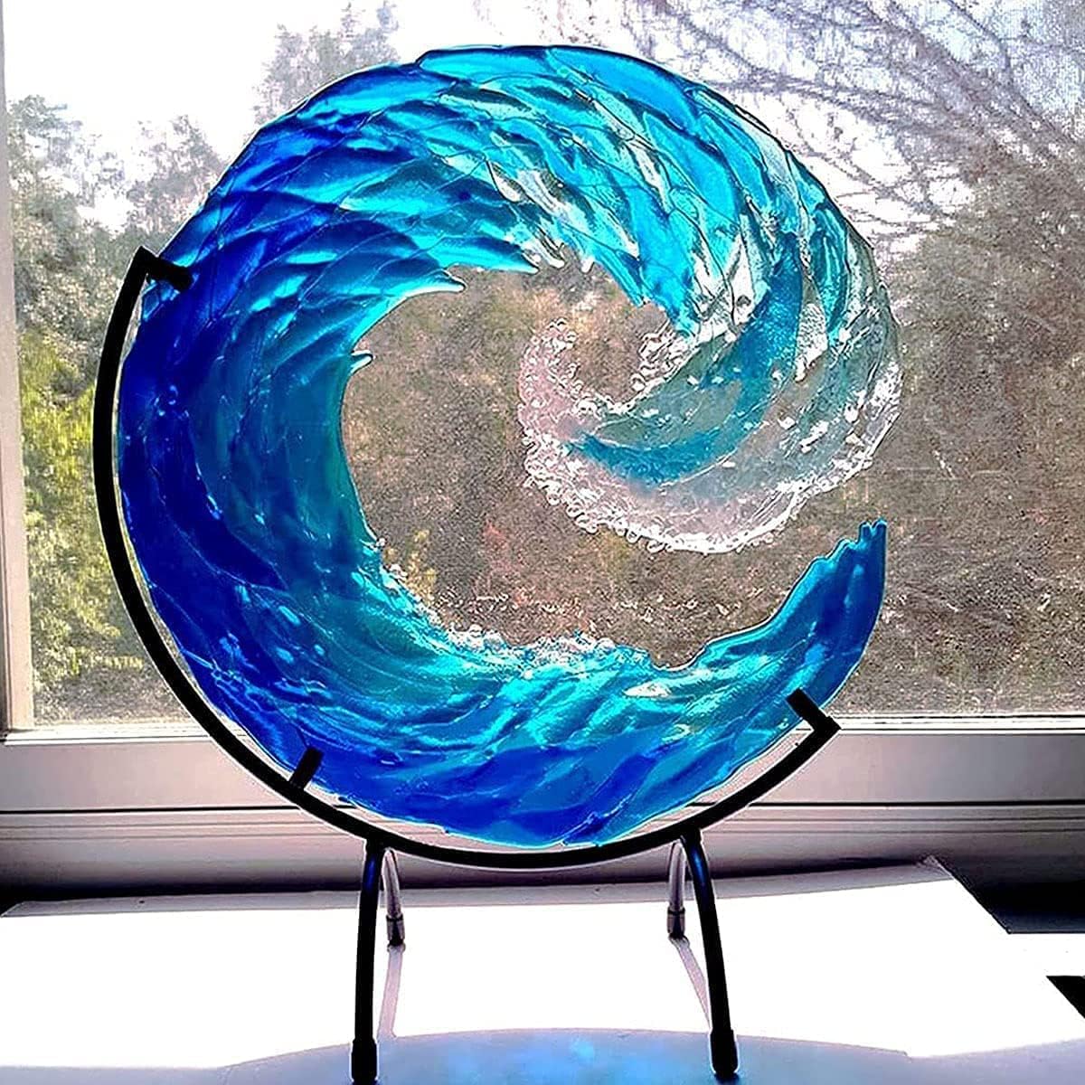 XiaoHuaEr Ocean Wave Fused Glass Sculpture, 12in Ocean Wave Art Handmade Crafts