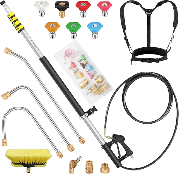 ExtraFein 24FT Telescoping Pressure Washer Extension Wand, Aluminum Power Washer Extension Wand, Solar Panel Cleaner Pole with Brush Head, 7 Nozzle Tips, 3 Adapters, Support Belt