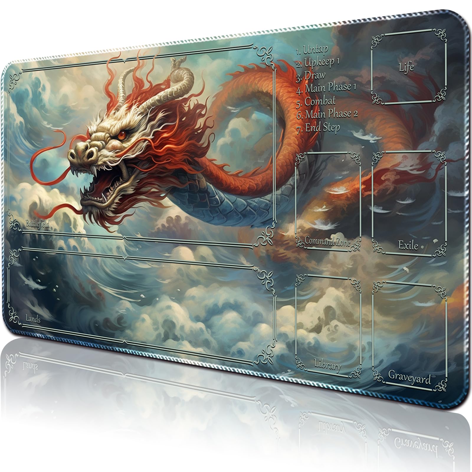April Space Playmat Board Game MTG Duel Playmat Trading Card 23.6 x 13.8in Game Mat Stitching Edges Compatible for TCG CCG RPG OCG with Card Zones + Free Waterproof Bag (With Zone,Multicolored dragon)