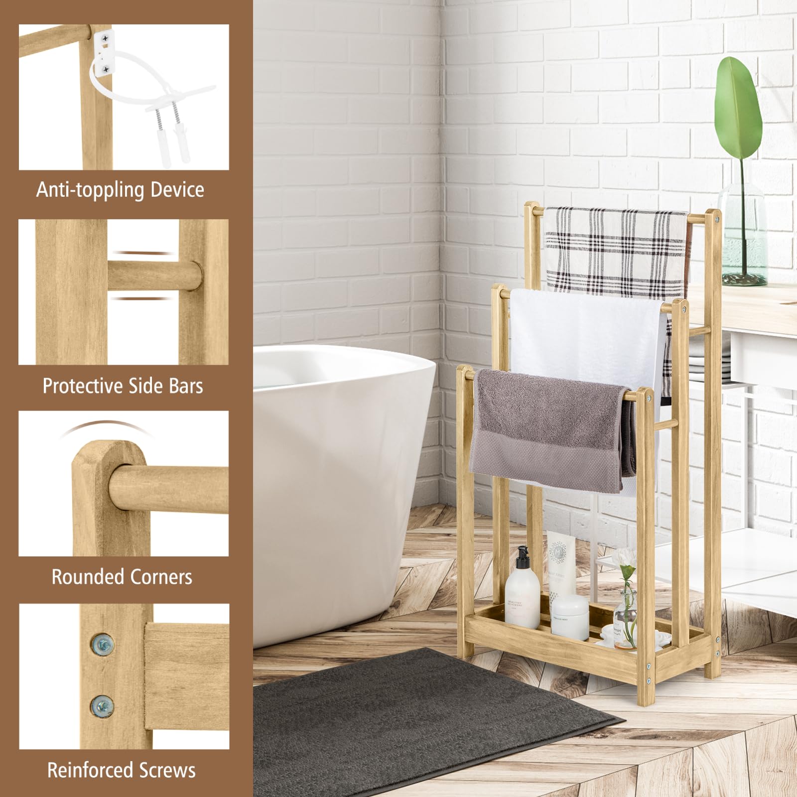 RELAX4LIFE Portasciugamani a 3 livelli, portasciugamani autoportante con ripiano inferiore e dispositivo anti-ribaltamento, supporto in legno per bagno, hotel a bordo piscina (naturale)