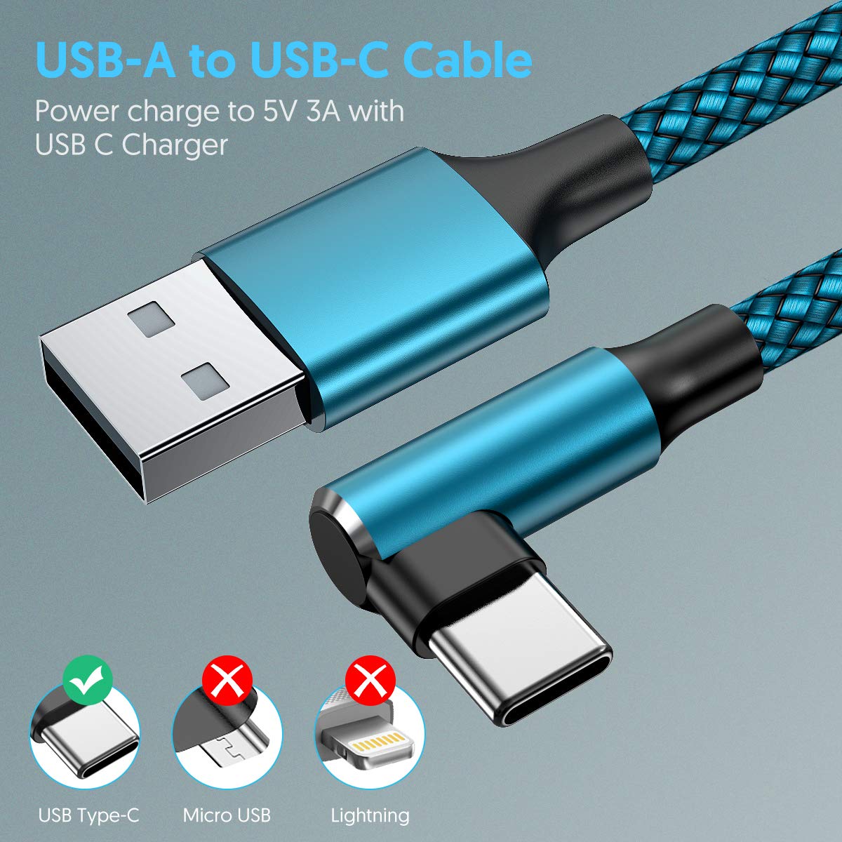 Geekboy Cable tipo C de 90 grados, ángulo recto, 2 unidades, 10 pies, cable de carga rápida USB A a USB C para Samsung S20 S10 S10e S9 S8 Plus, Note 10 9 8, LG V30 V20