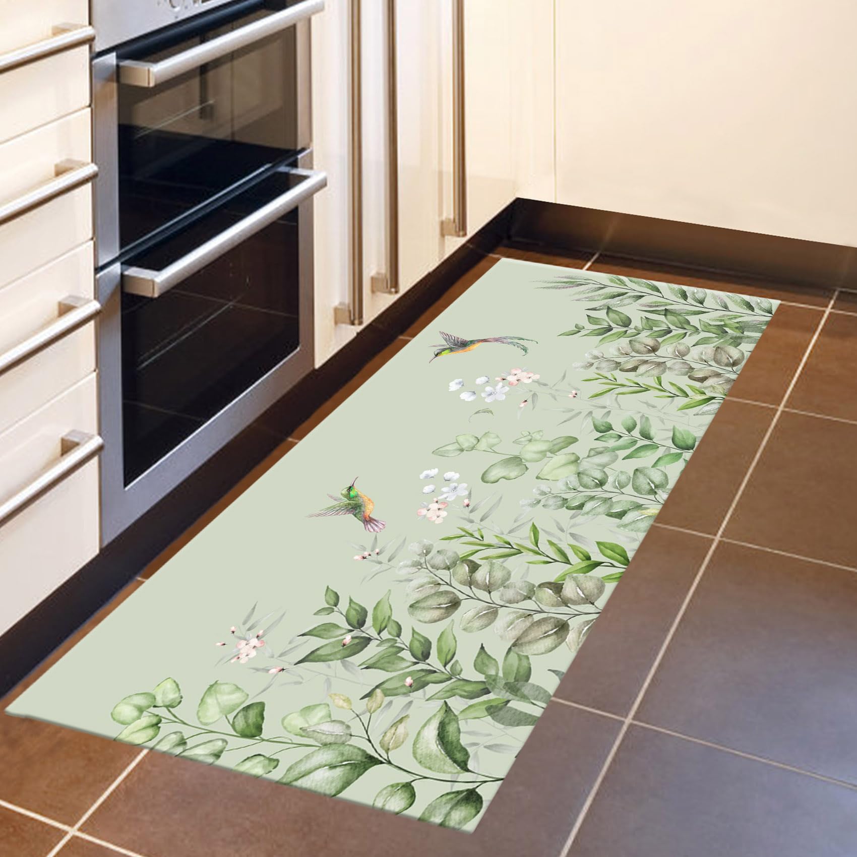 LB Eukalyptus-Küchenmatten für Bodenkissen, Anti-Ermüdung, Küchenmatte, Kolibri auf Salbeigrün, Küchenteppich-Set, rutschfest, waschbar, Küchen-Bodenmatte, 61 x 40,6 cm + 119,4 x 40,6 cm