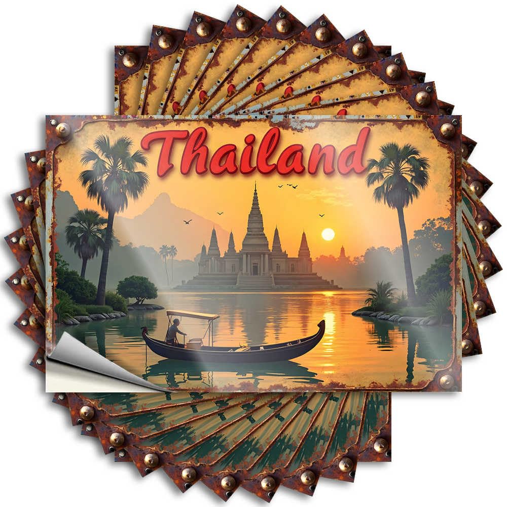 Thailand Sunset Serenity: Boat Ride Amidst Palm Trees and Temples Tattoo Vintage Bar Decor | Fluffy Door Removable Decal Pack(6X9CM)