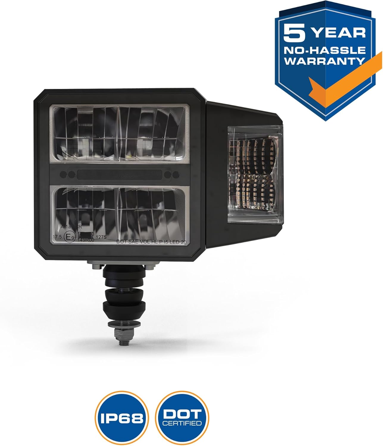 ECCO EW4011 LED Work Light with 5-year warranty, IP68, and DOT certified logos