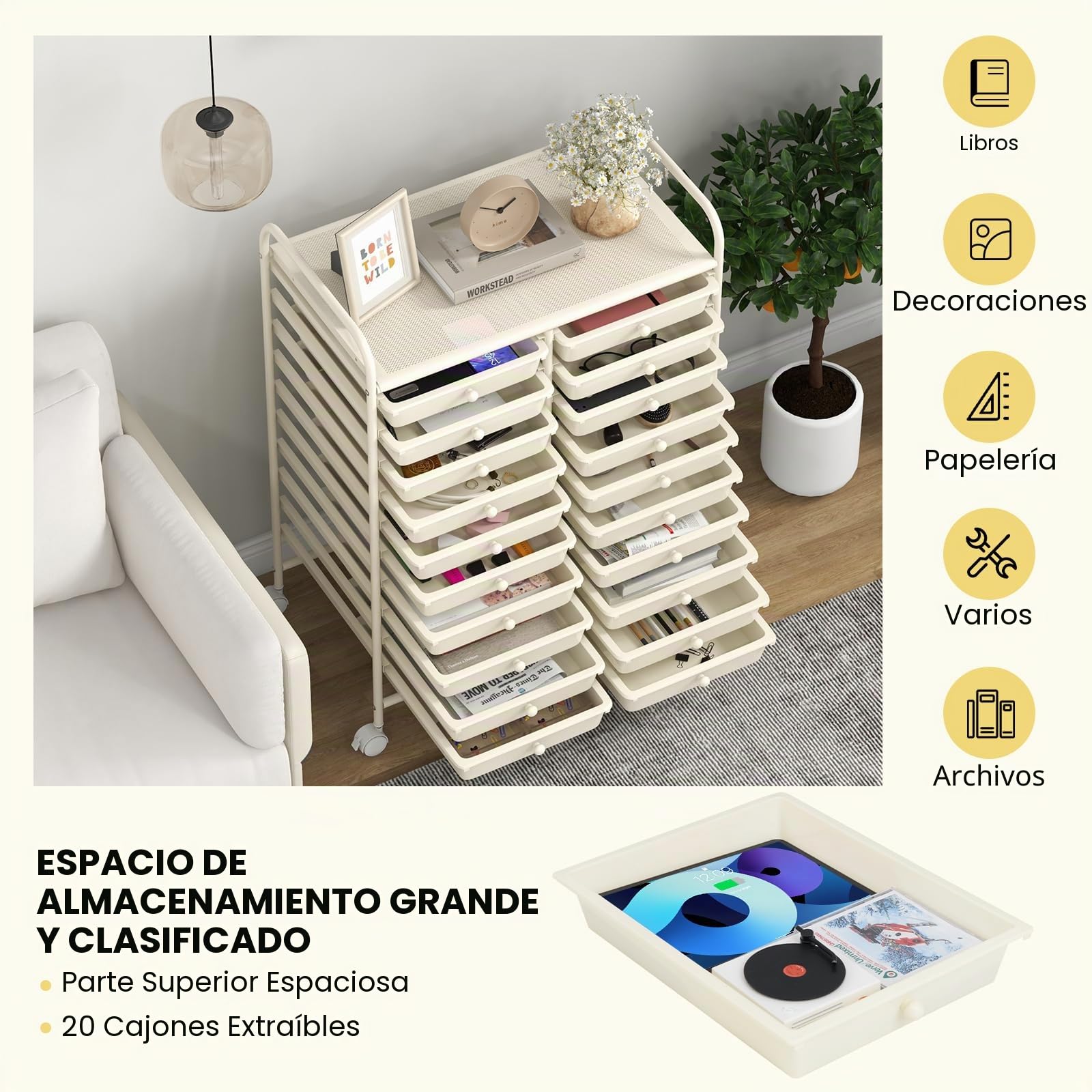 GIANTEX Carrito de Almacenamiento de 20 Cajones, Carro de Almacenamiento Doméstico Multifuncional con 4 Ruedas (2 Frenos), Para Oficina, Cocina, Hogar, 63x 37x 87cm (Blanco)