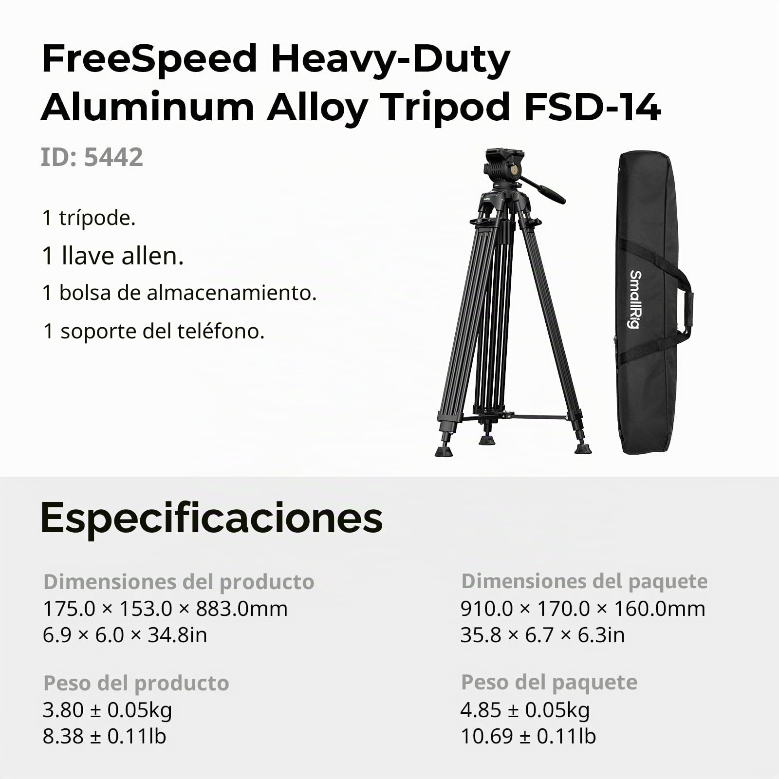 SMALLRIG Trípode FreeSpeed 75" con Cabeza Fluida 360° para Placa Manfrotto, Extensión Rápida, Carga 17.64 LB, para Cámaras DSLR/Mirrorless - 5442