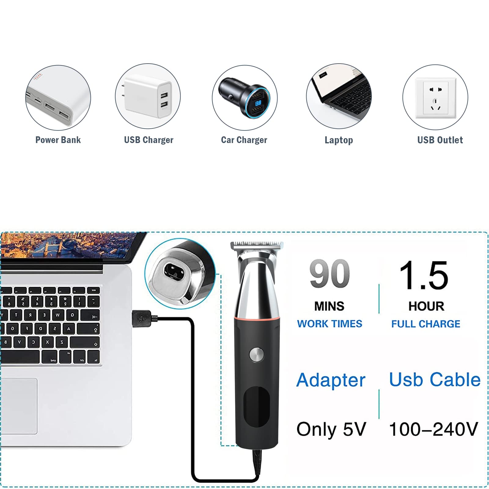 Regolabarba da uomo tutto in uno, rasoio di precisione per baffi e naso, kit 5 in 1, ricaricabile tramite USB e testine di ricambio magnetiche impermeabili