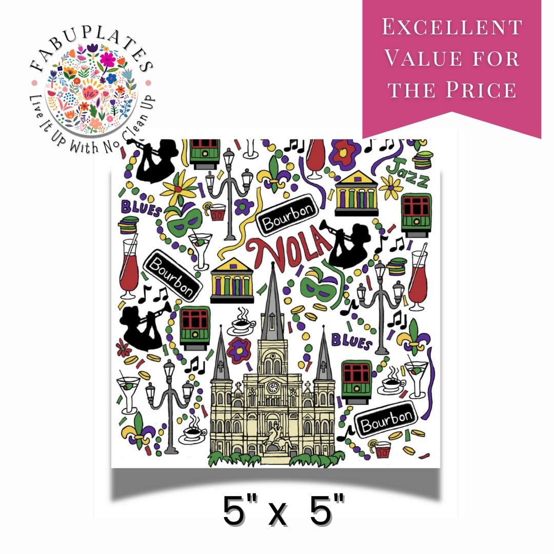 Fabuplates 24pc New Orleans French Quarter Cocktail Napkins - Luxuriously Absorbent 3ply Premiu Quality with St. Louis Cathedral, Fine Art Famous NOLA Elements