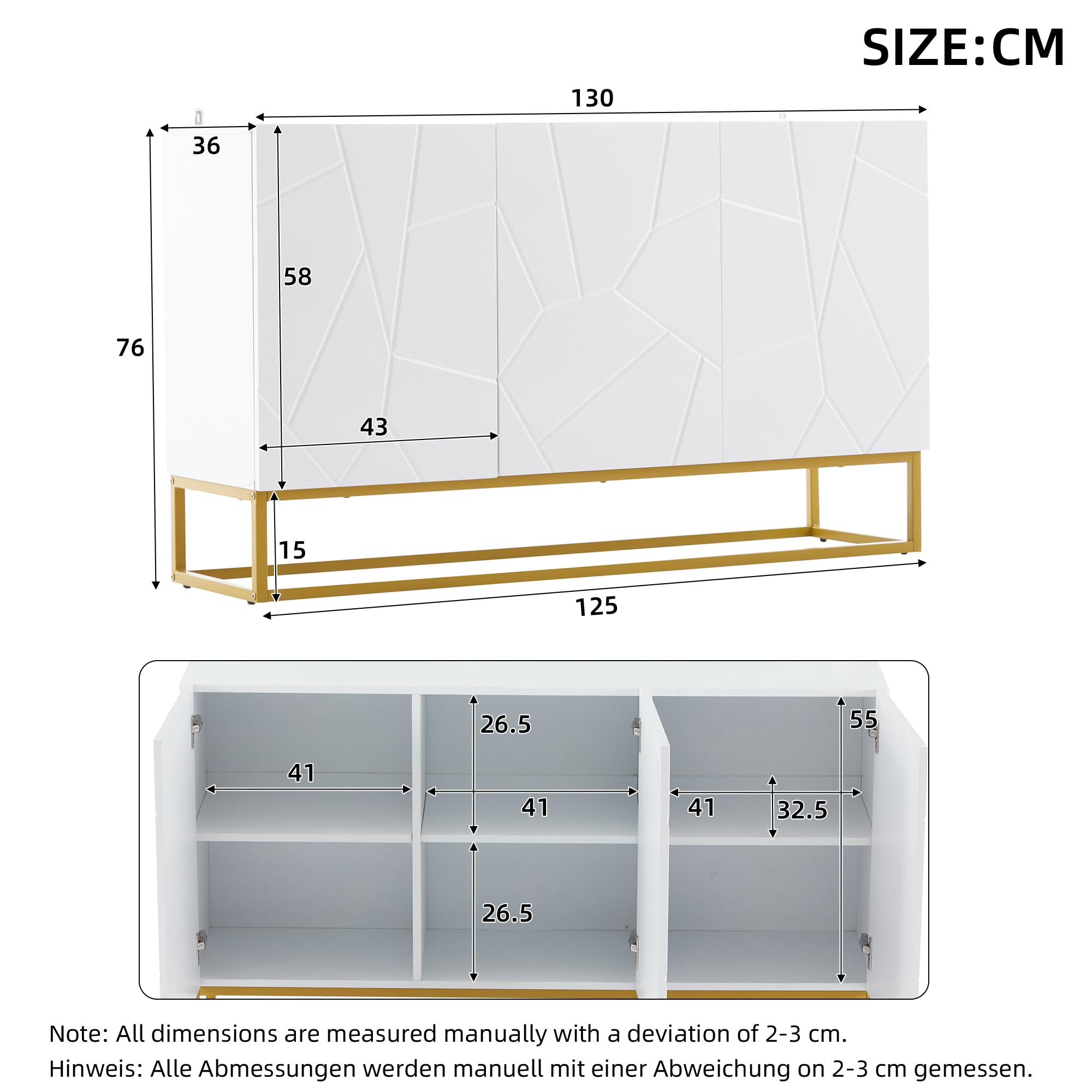 Merax Sideboard 130cm Breit, Moderne Küchenschrank mit 3 Türen, Hochglanz Buffetschrank mit Verstellbare Ablage, Küchenbuffet mit Designtüren, Metallbeinen, für Wohnzimmer Esszimmer Flur Eingang, Weiß