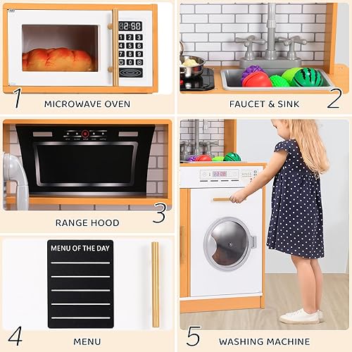 Miniatura 4 de MAMIZO Cocina de juguete para niños, cocina de juguete de chef de madera con lavadora, dispensador de agua, estufa, sonido y luz reales, teléfono,