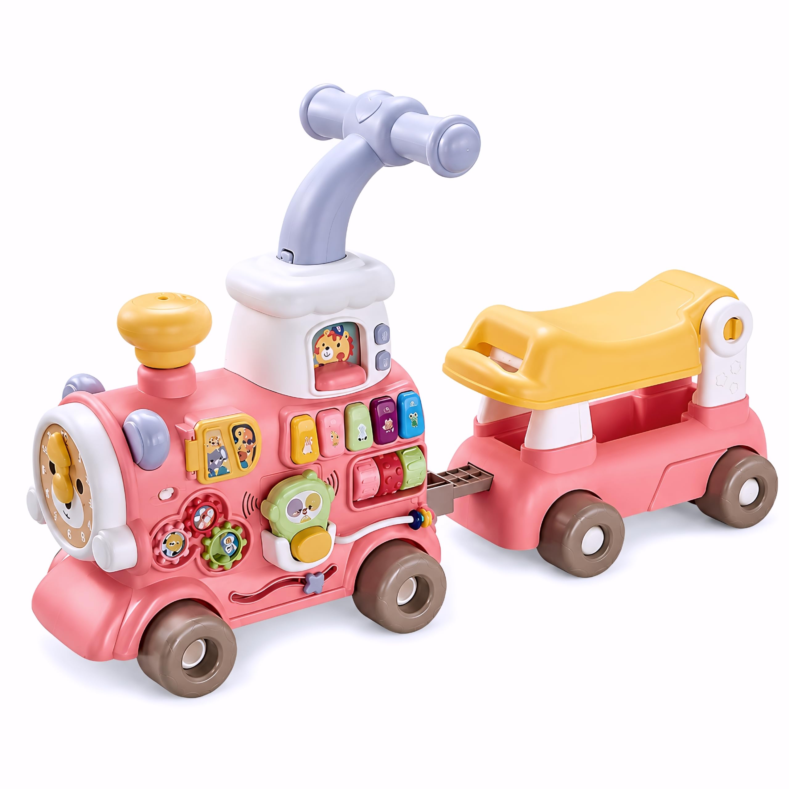 5 in 1 Multifunctional Baby Walker Train, Learning and Playing Toy with Adjustable Speed Control, Ride-On Mode, Educational Activity Center for 9 Months and Up (Pink)-image-12