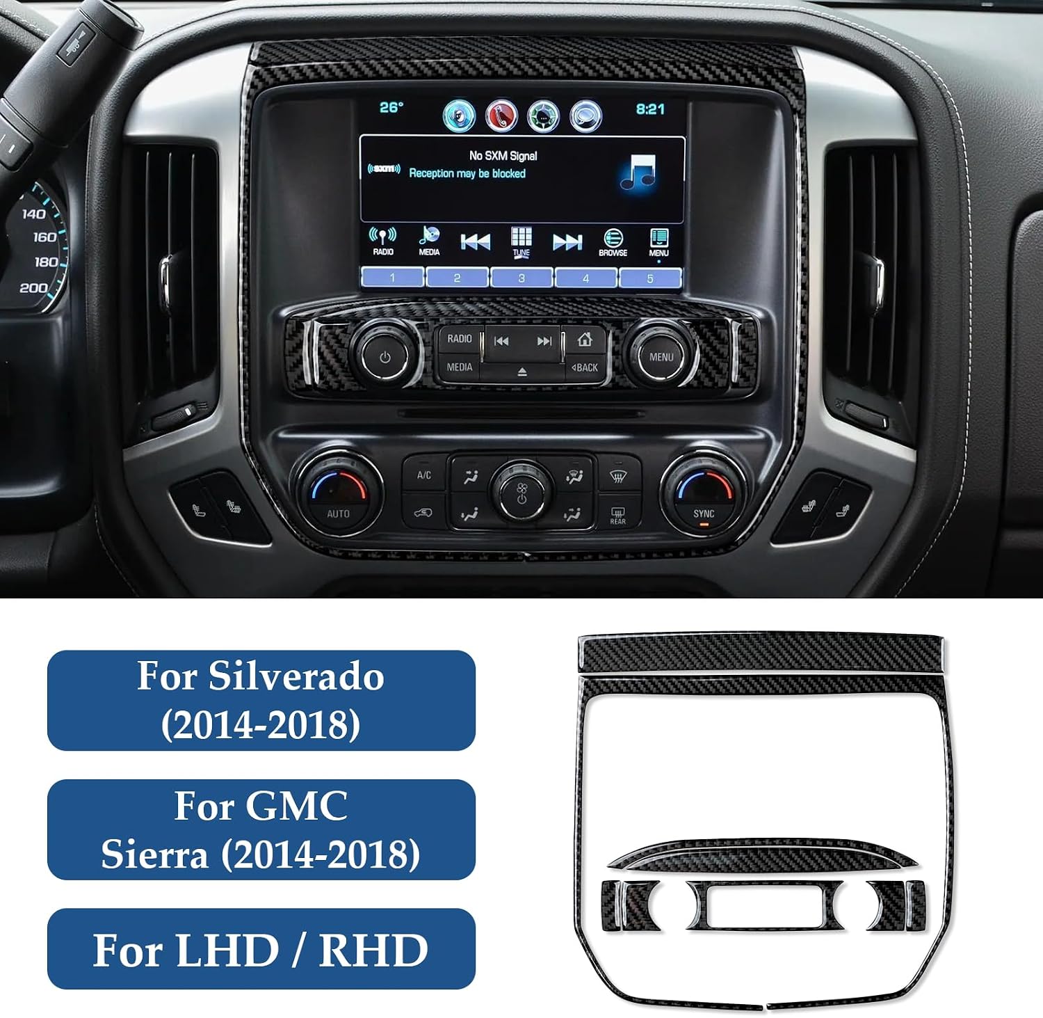 Car Carbon Fiber Decal Cover Interior Trim Central Control Panel B Sticker for Chevrolet Silverado/GMC Sierra 1500 2500HD 3500HD 2014-2018 Accessories