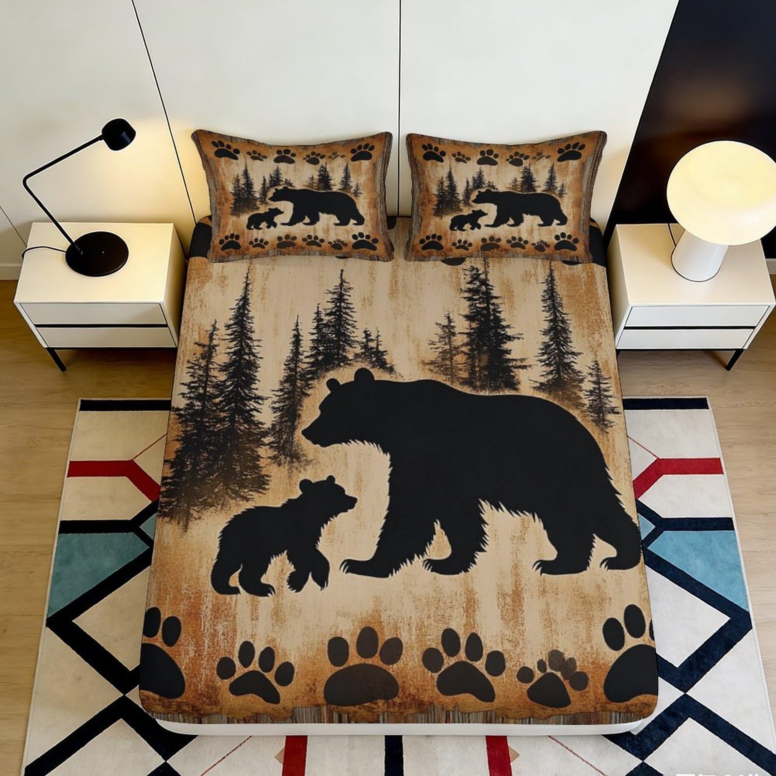3D Printed Bear Forest Fitted Sheet Microfiber Soft Breathable Paw Print Mattress Cover for Bedroom Guest Room Decor 90x200x25cm