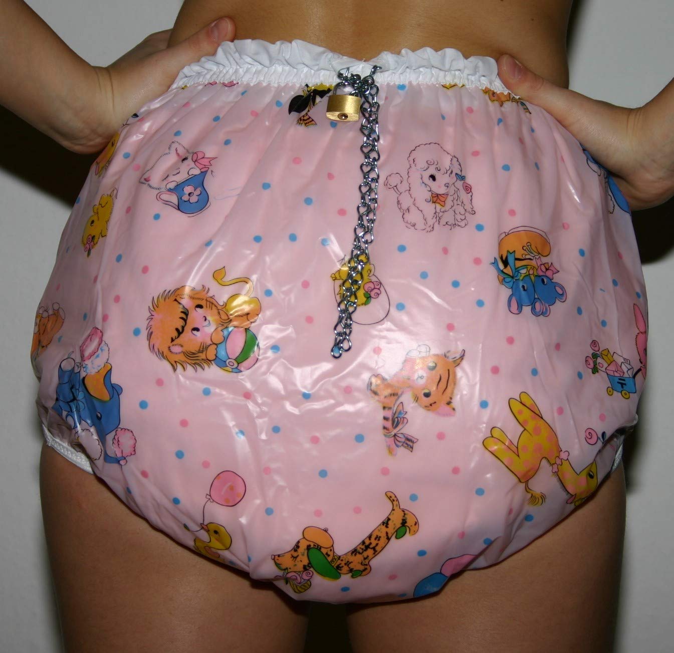 Abschließbare PVC Adult Baby Inkontinenz Windelhose Gummihose rosa kindermotiv gary (XL)