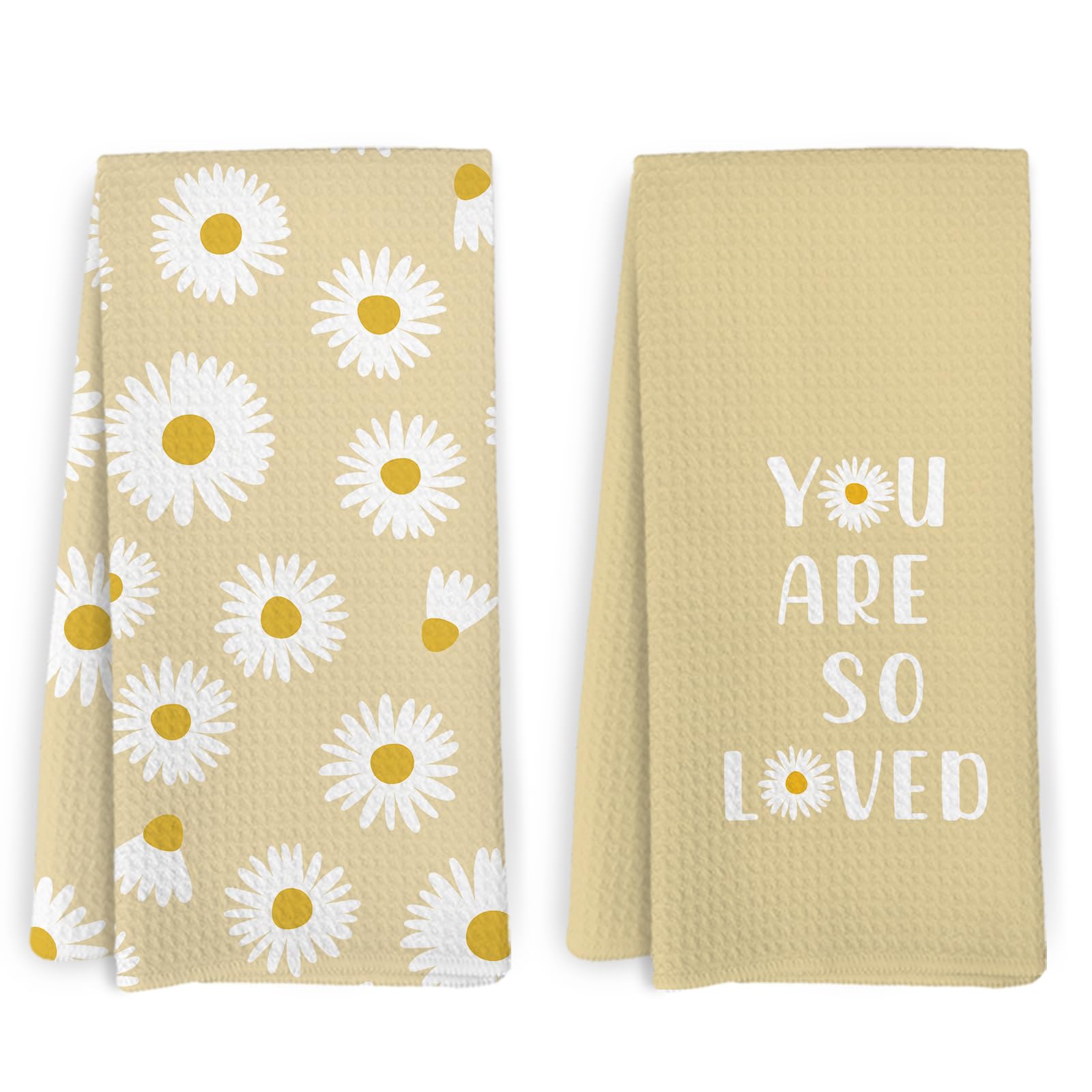 KFXHANGD Spring Yellow Daisy Kitchen Towels and Dishcloths Set of 2, You are so Loved Inspirational Dish Towels, Daisy Bathroom Decor, Summer Daisy