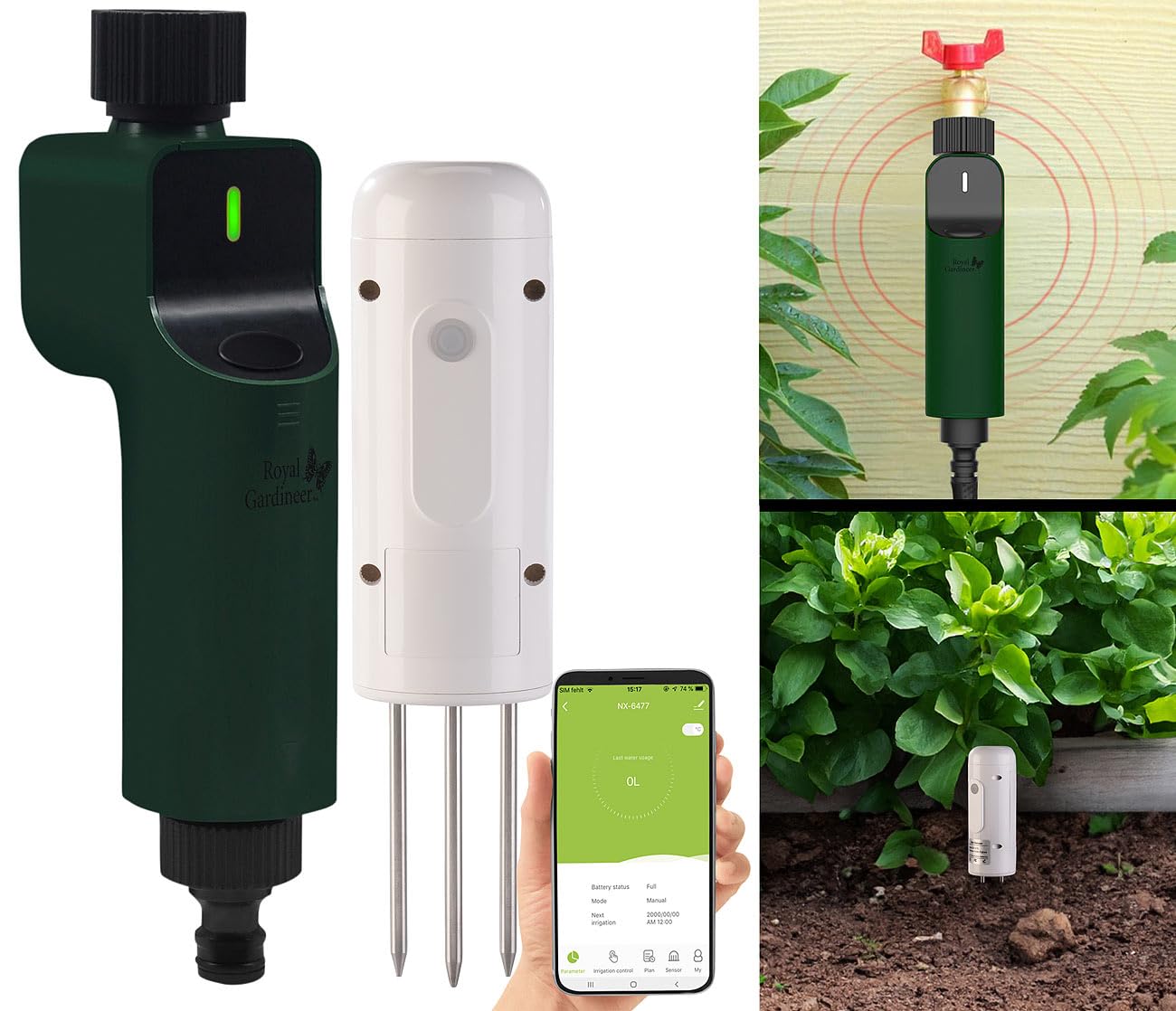 Luminea Home Control Ventil: ZigBee-Bewässerungscomputer + Boden-Feuchtigkeits- & Temperatursensor (Wasserzähler Gartenschlauch, Bewässerungssteuerungen ZigBee, Timer)