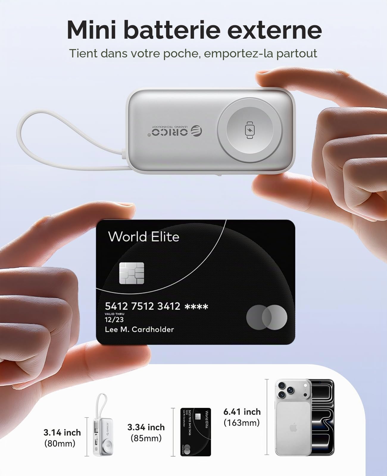 ORICO Mini Batterie Externe 5000mAh, Compatible avec Apple Watch et iPhone | Charge rapide PD 22,5W, connecteur USB-C pliable, câble USB‑C intégré, Blanc