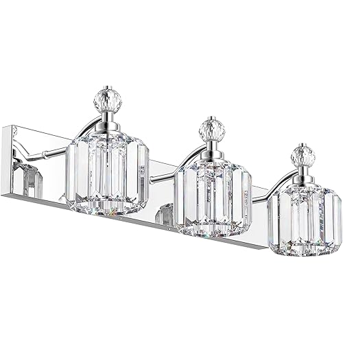 3-Light Bathroom Vanity Light - Crystal Bathroom Lighting Fixtures Over Mirror with 60w(Max) E12 Base, 39pcs Crystal Sheet, Chrome Vanity Lights for Bath Room