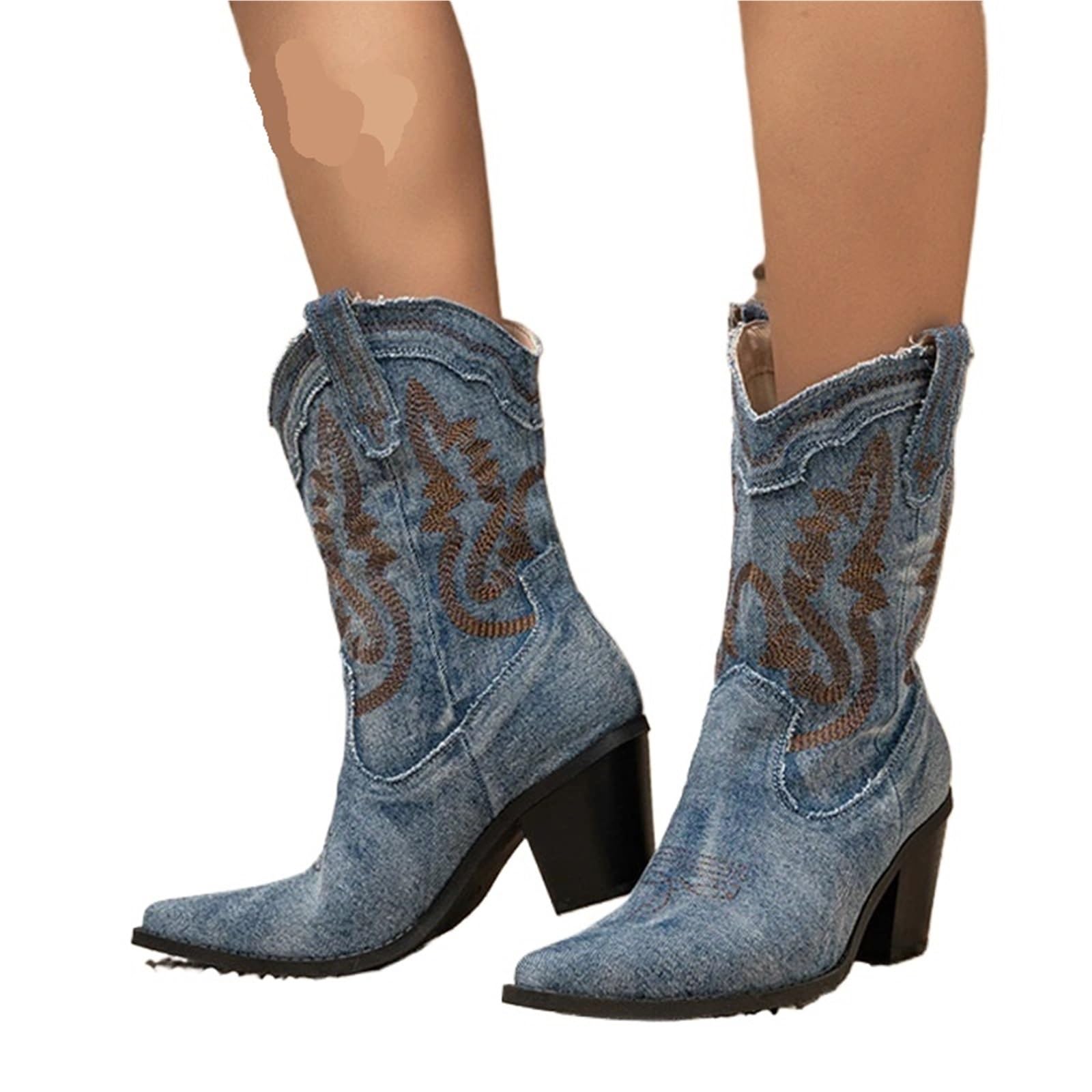 Camperos Texani Donna Stivaletti da Donna Occidentali, Sexy, con Punta Spessa e Tacco Alto, da Cowboy, Scarpe da Donna, Taglia 42(Shallow Blue,36)