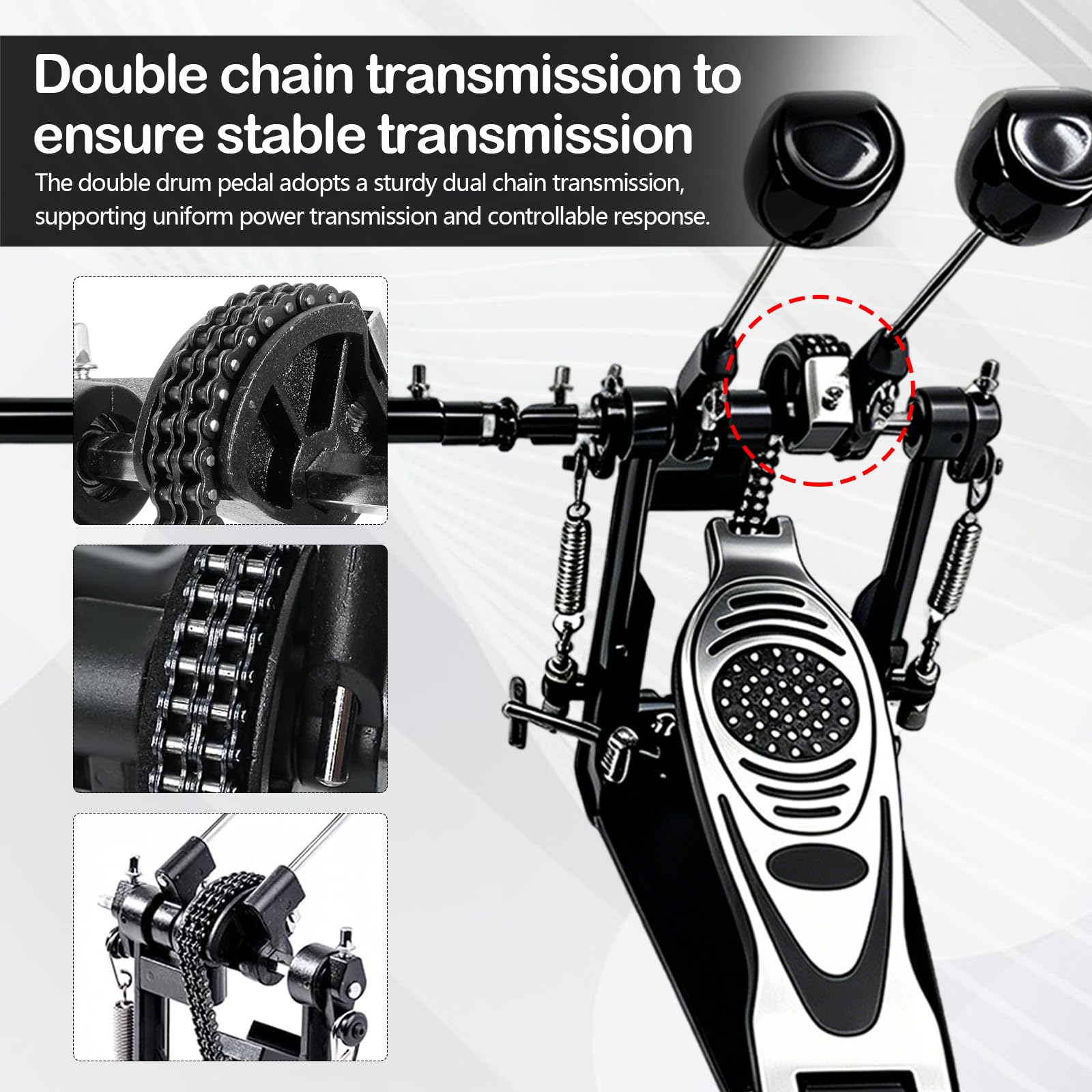Doble Pedal Bombo para Batería, Pedal Doble Profesional con Transmisión de Doble Cadena Accesorios de Percusión para Batería de Jazz y PrácticaIncluye Barra de Conexión y Llaves de Ajuste