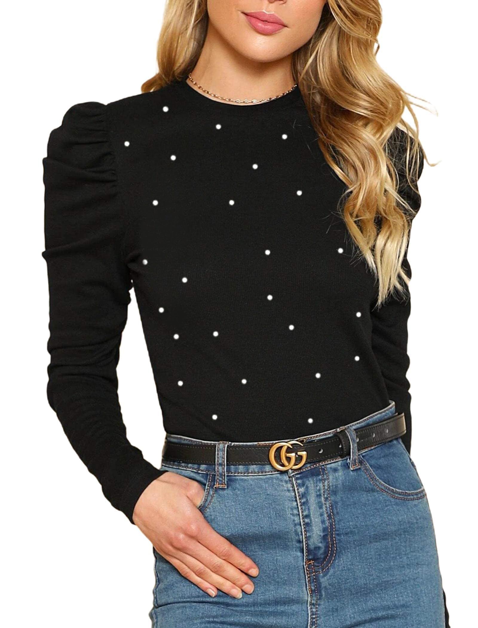 Remidoo Women's Solid Round Neck Puff Long Sleeve Slim Fit T Shirt Tops