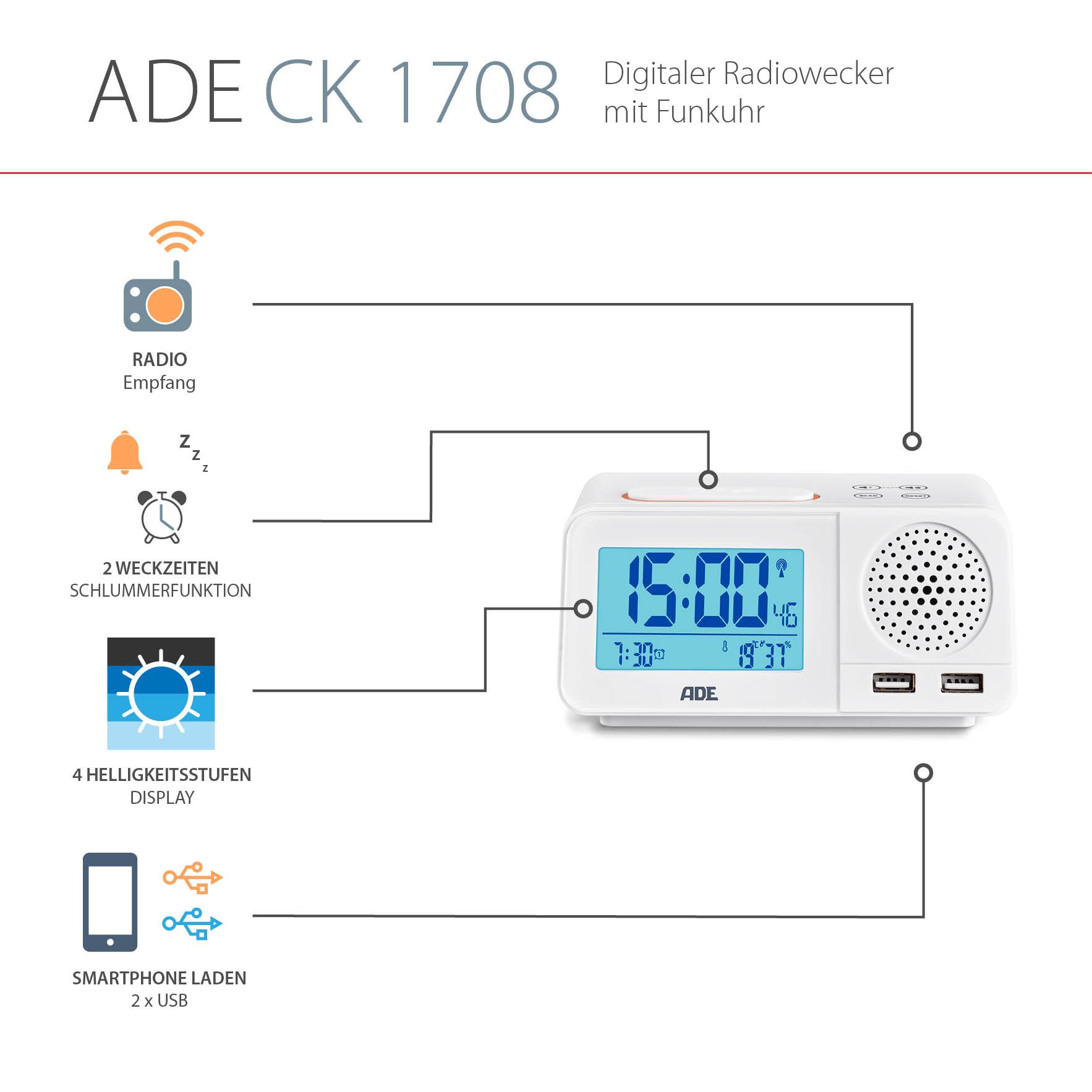 ADE CK1708 Digitaler Radiowecker, Inoxidable, Weiß, 8.5 x 14.5 x 7.1 cm