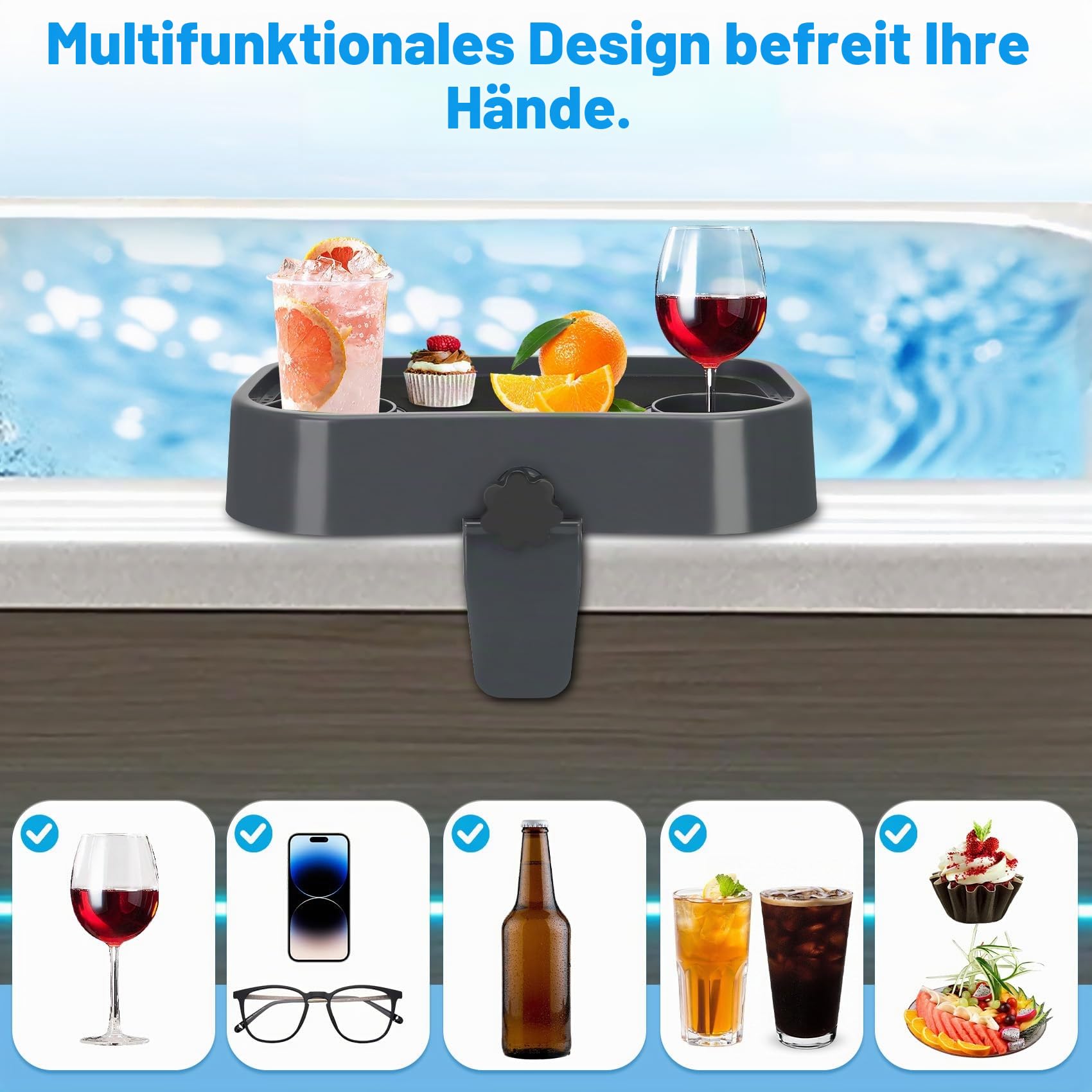 Whirlpool-Tablett, verstellbares Whirlpool-Tischtablett, Whirlpool-Becherhalter, Whirlpool-Getränkehalter mit 2 Getränkehaltern, rutschfestes, Spa, Whirlpool-Zubehör für Erwachsene