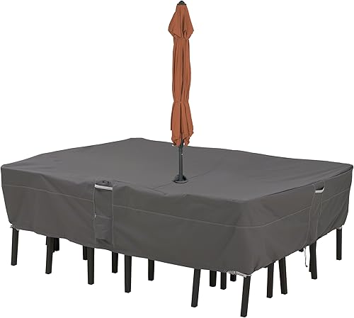 Classic Accessories Ravenna - Juego de mesa y silla rectangular y ovalada de 108 pulgadas resistente al agua con agujero para sombrilla, funda de