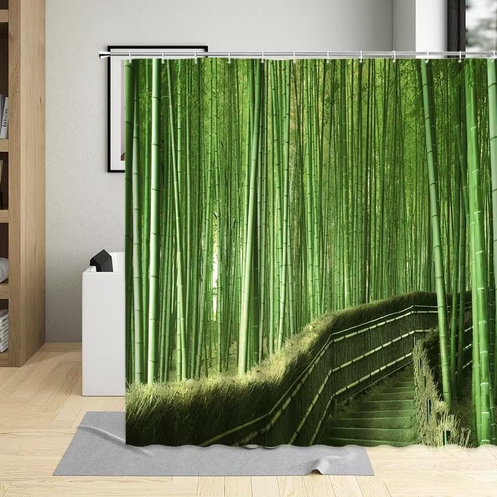 Cortina de Ducha con Diseño de Bambú en La Jungla, Diseño de SPA, Yoga, Paisaje Exótico de Bambú Natural, Juego de decoración de Baño de Tela con Ganchos, Poliéster Impermeable, Verde y Marr