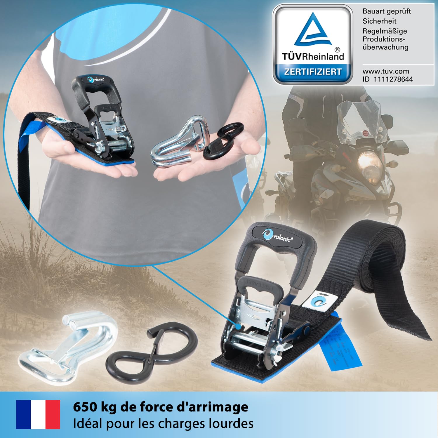 valonic Panther -2X 2,25m Sangles a cliquet avec Crochet, 35mm, 650/1300 Kg, rembourrées, Certifié TÜV Rheinl. / GS en 12195-2 - Course de Serrage Ultra Courte