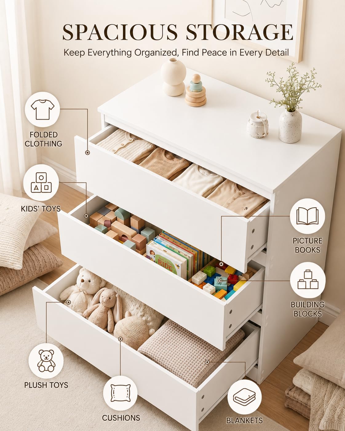 Kommode mit Schubladen, Nachttisch Weiß 60 x 40 x 70 cm, Beistelltisch Klein, Schubladenschrank für Schlafzimmer, Wohnzimmer Kommode, Flur Kommode, Kleiner Schrank