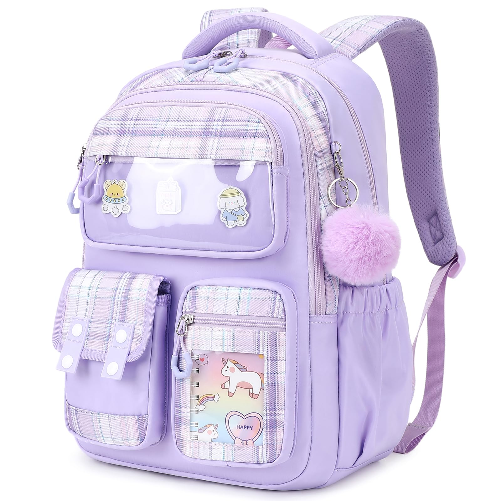 Kids Backpack for Girls, Bookbag for Elementary Students Kawaii Ita School Bag with Pins for Teens Lightweight Water Resistant Travel Backpack with Luggage Strap, Purple