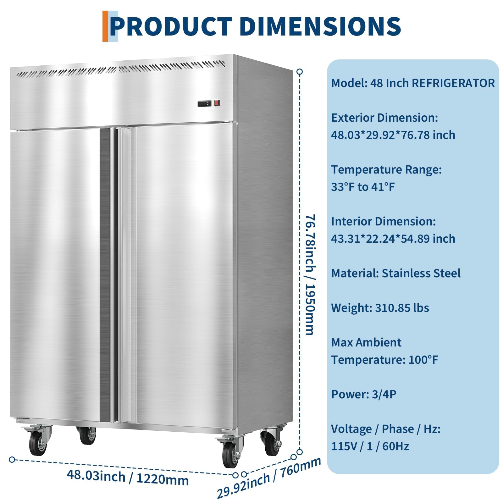 48" Commercial Refrigerator Freezer Combo, 36 Cu.Ft Upright Freezer, Stainless Steel Beverage Cooler, 2-Door Commercial Refrigerator Freezer, Fan Cooling, Auto Defrost, 6 Shelves For Restaurant Shop on Fridge.com - View 2