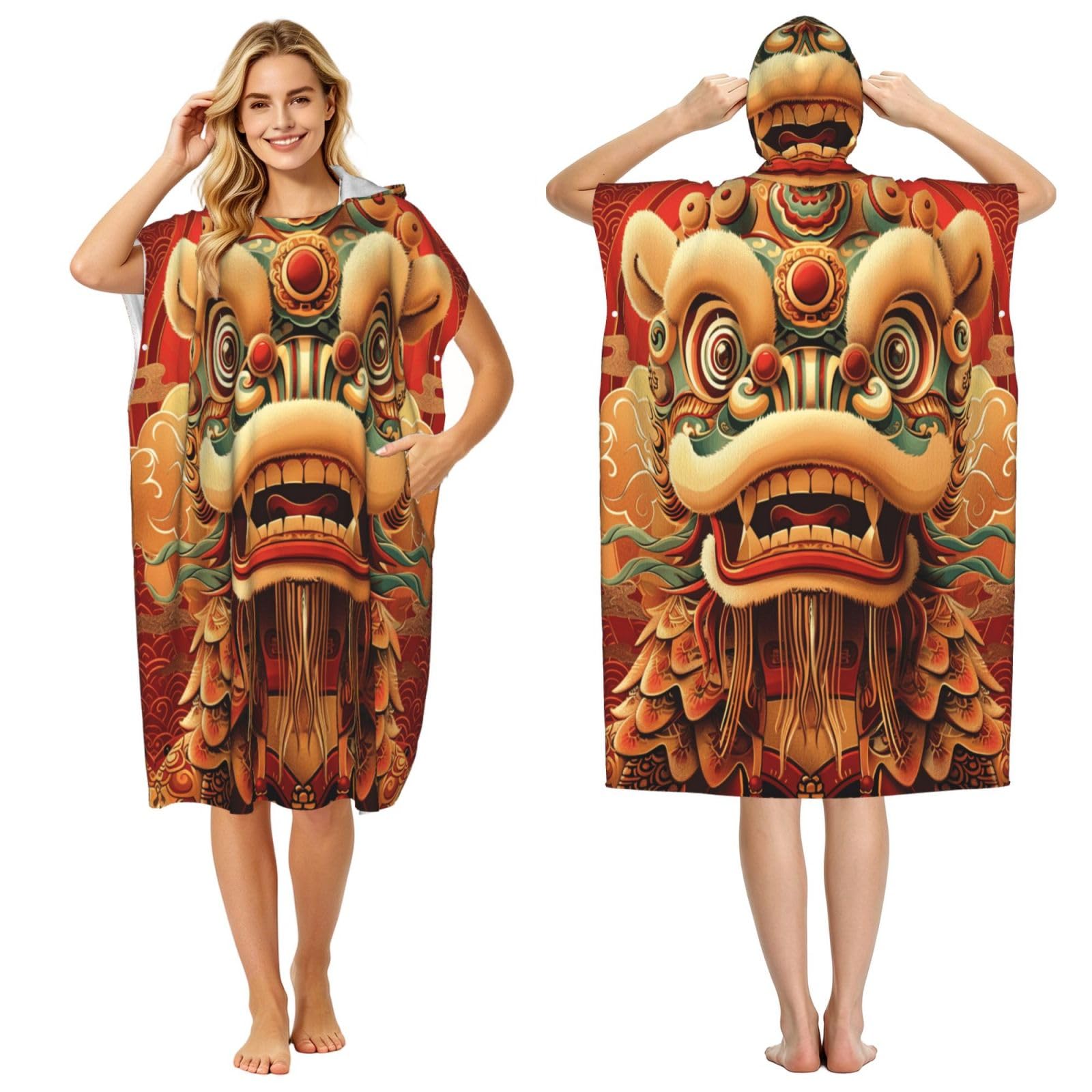 KLGRTJHK Lion Dance Adult Hooded Beach Poncho Towel 43"X35"