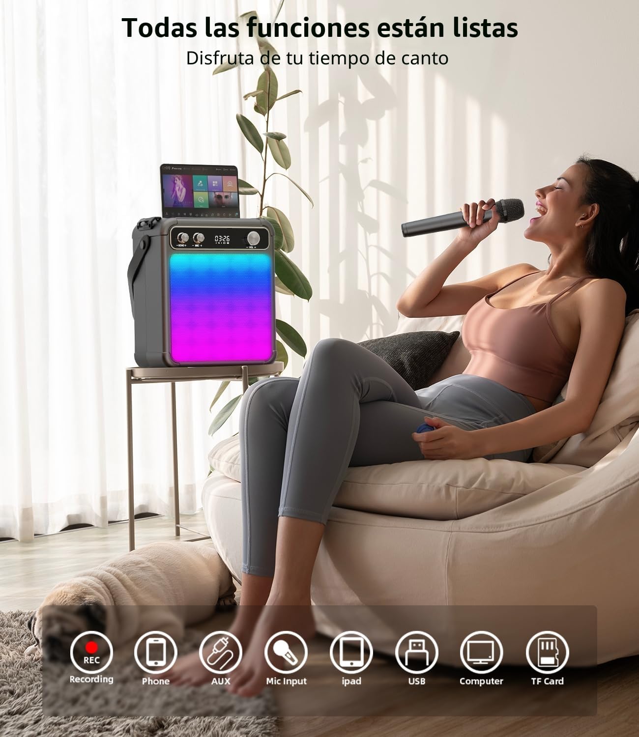 Máquina de Karaoke con 2 micrófonos inalámbricos, Altavoz Karaoke Profesional para Adultos, Bluetooth portátil con Luces LED,para Fiestas,Regalo,al Aire Libre.Sostener TF/USB/TWS/Mic/AUX