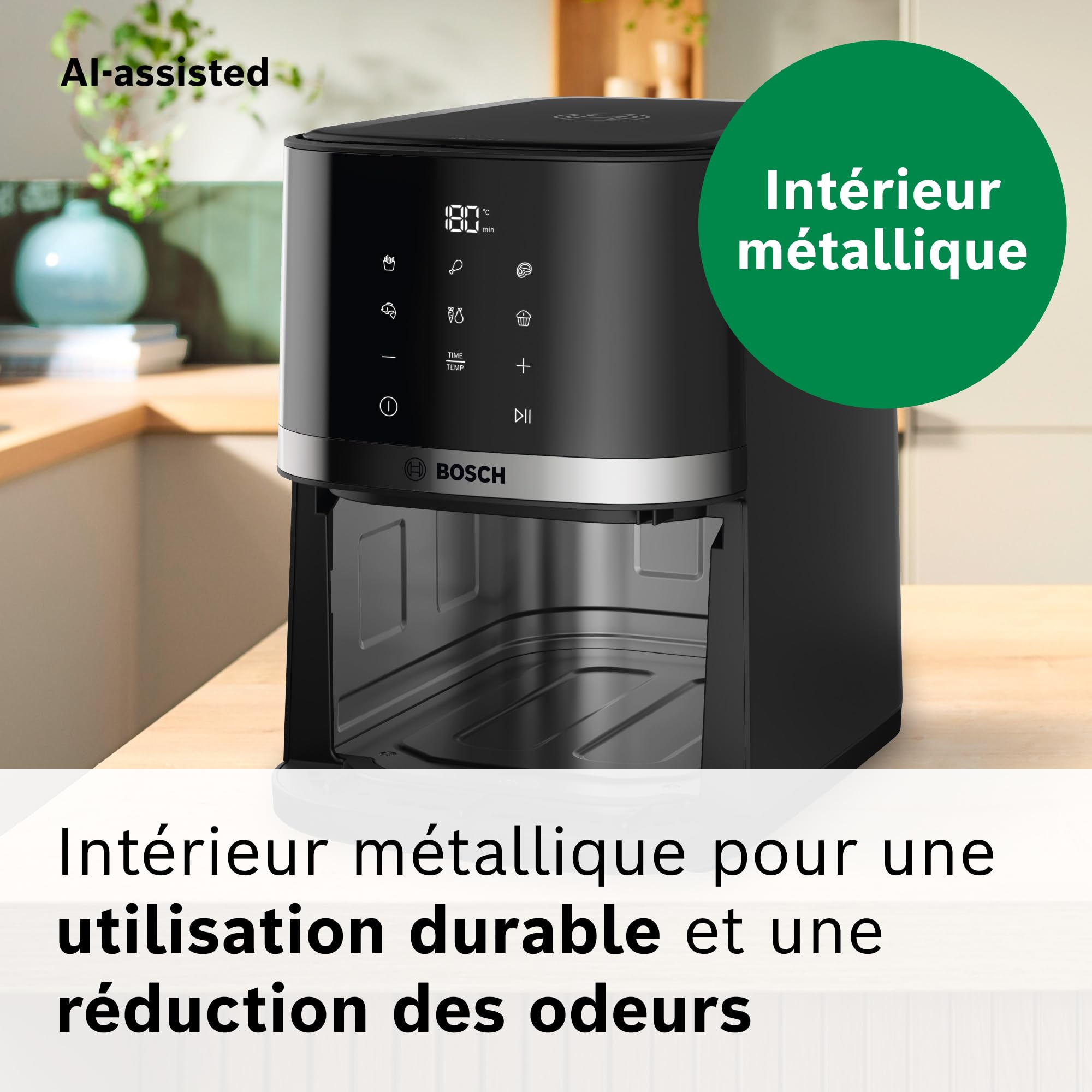Bosch Air Fryer Série 2, friteuse à air compacte 4L pour jusqu’à 2 personnes, 6 programmes, revêtement non toxique sans PFAS, 1300W, noir, MAF24AB0
