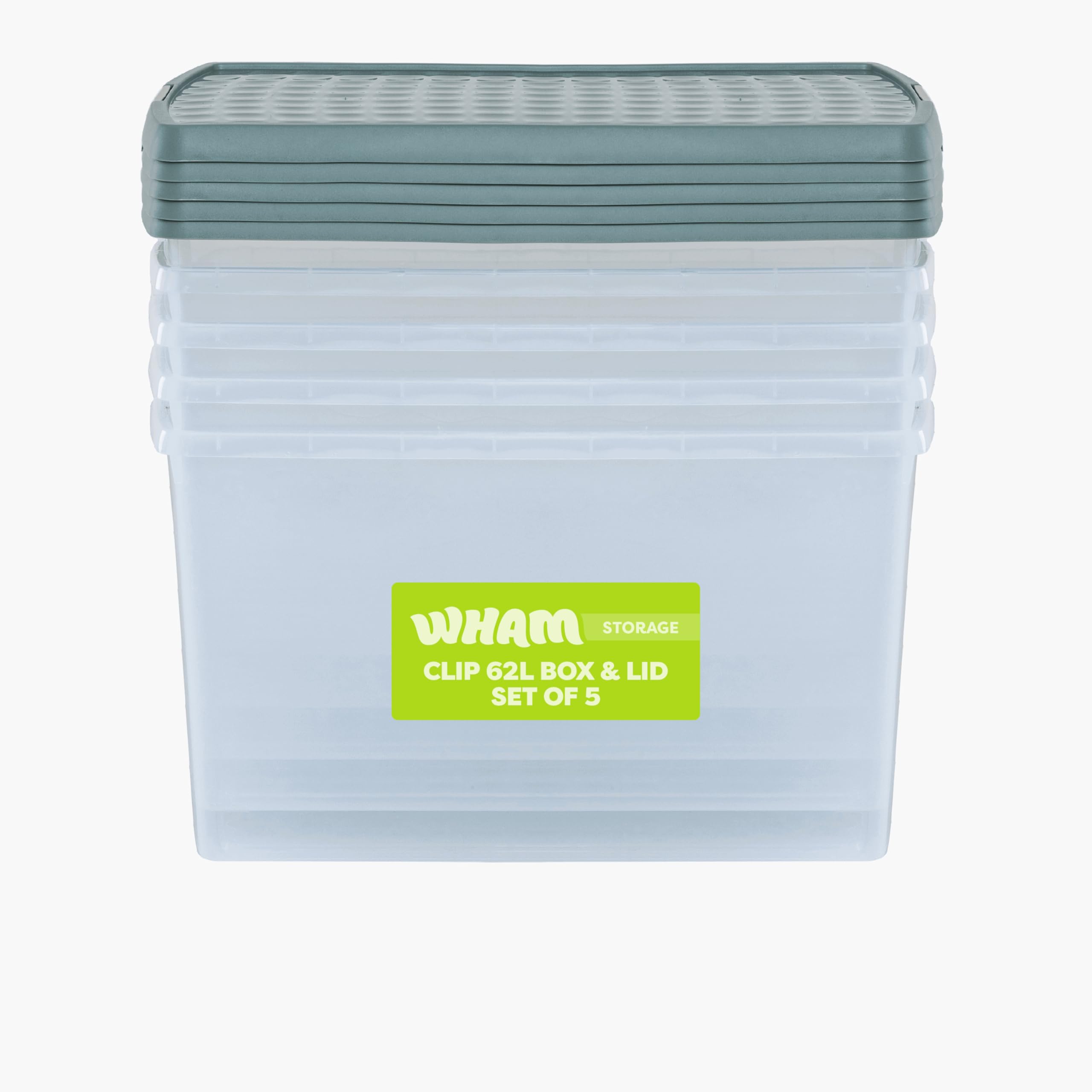 Wham Clear/Green Milieu Clip 5 X 62L Rectangular Stackable Plastic Storage Boxes With Lids | Ideal For Home, Office, Toys & More | Storage Containers With Clip Locks | Made In Uk