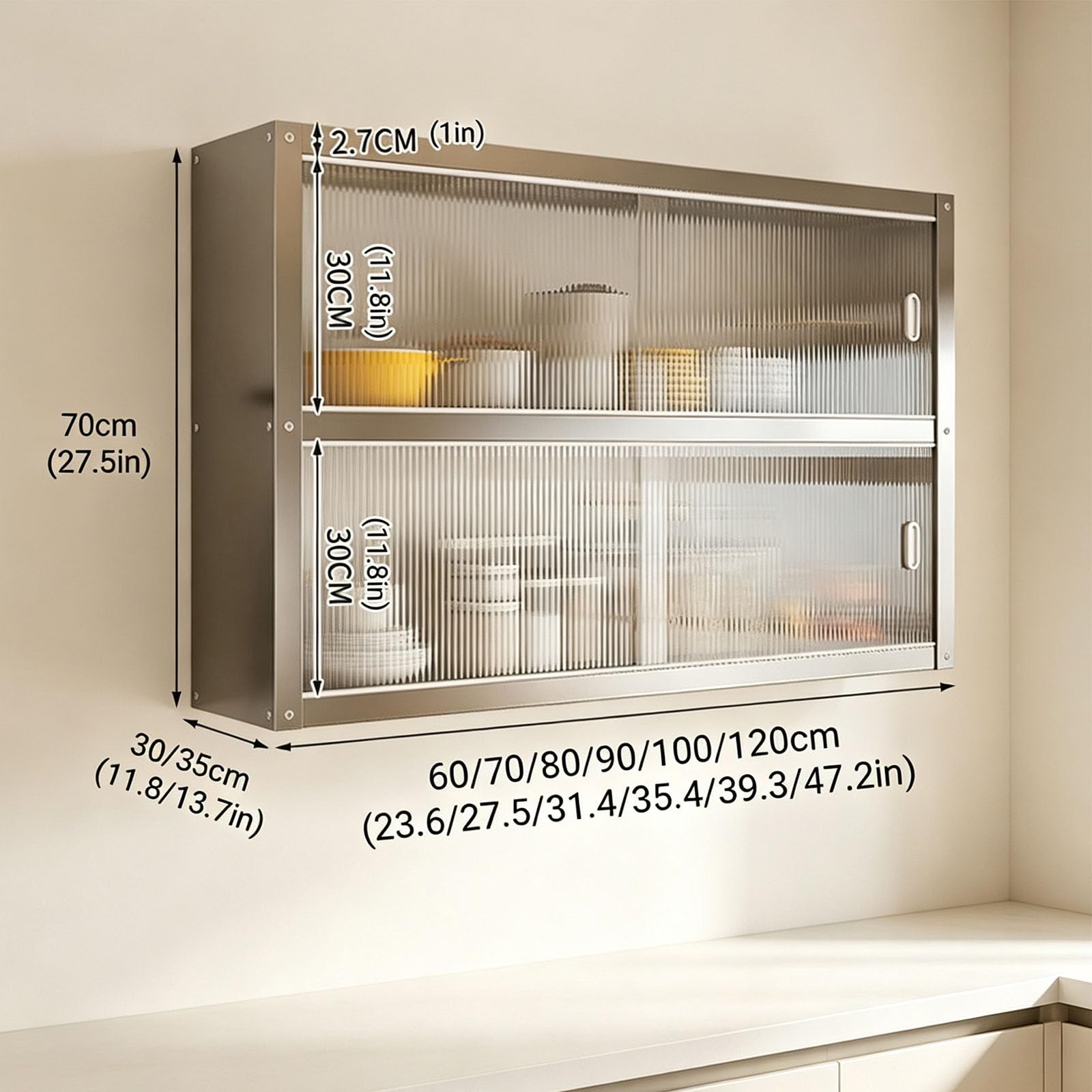 Estante de Almacenamiento para Cocina, Armario Pared Acero Inoxidable con Puertas correderas, Dos Opciones De Instalación Soporta hasta 25 Kg por Estante,Double layer70*30 * 70cm