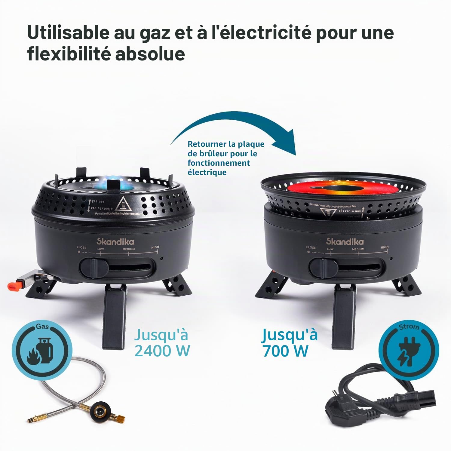 Skandika Réchaud de camping Rask | Fonctionne à l'électricité ou au gaz, allumage piézoélectrique, set avec casserole, poêle, sac | Réchaud à gaz, électrique, plein air, portable