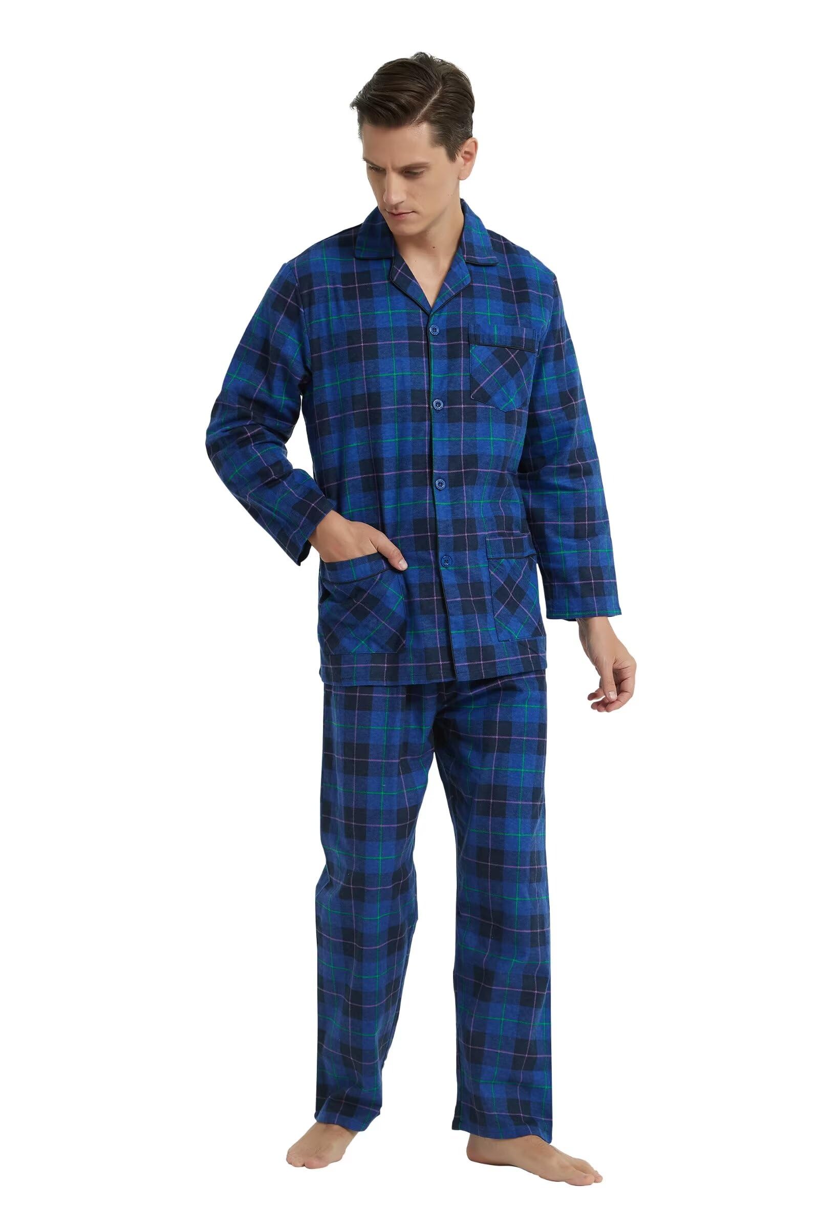 GLOBAL Pijamas para Hombre Franela Cómodo Ropa de Dormir Largo Suave Conjunto de Algodón Hombre Pijamas Manga Larga Botones y Pantalones Cintura Elástica Cordón