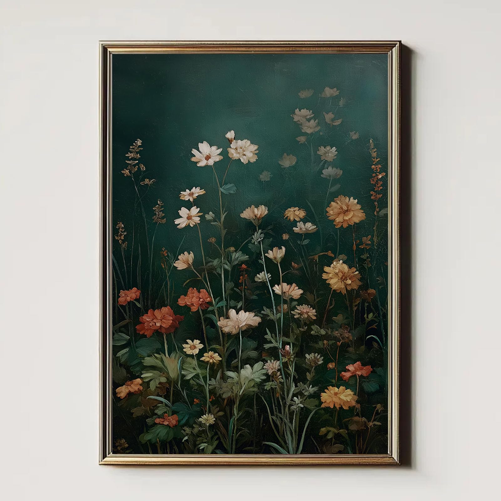 Dark Green Floral Canvas Wall Art Vintage Wildflower Print Dark Moody Floral Picture Vintage Botanical Print Colorful Flower Painting Neutral Artwork for Living Room Bedroom Farmhouse 16x24in No Frame