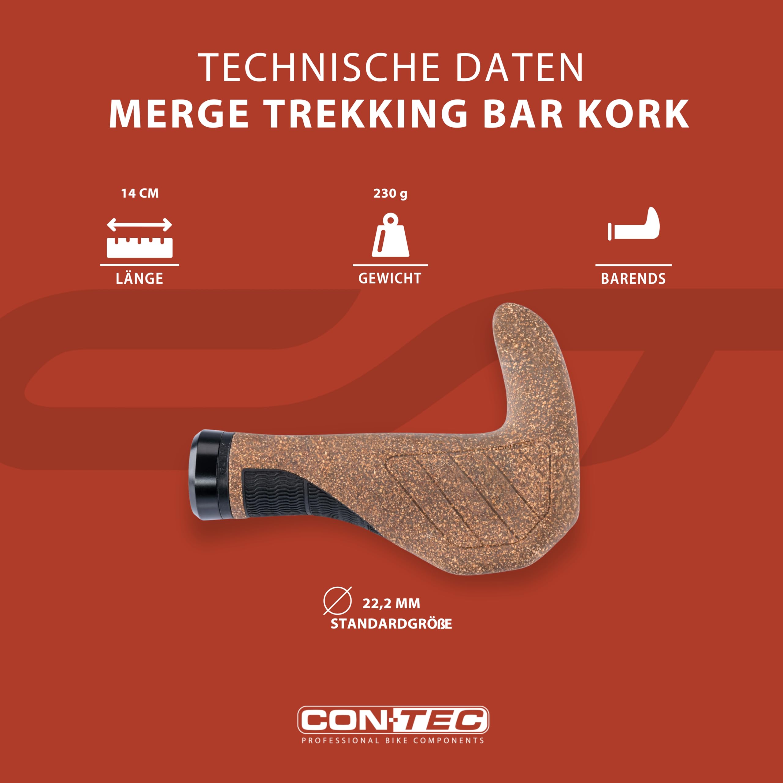 CONTEC Fahrrad-Griffe Merge Trekking Bar Kork, Länge 140mm, D3-Dreikomponenten, G-Link System, Ergonomisch, Stoßdämpfend, mit BarEnds, braun, Paar