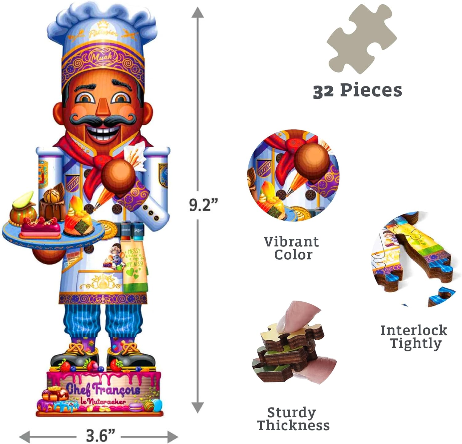 Boardwalk Puzzles Luxury Wood Puzzle - Chef Francois - Fun Size 32 Pieces - Engaging Wooden Puzzle Activity Kids Adults