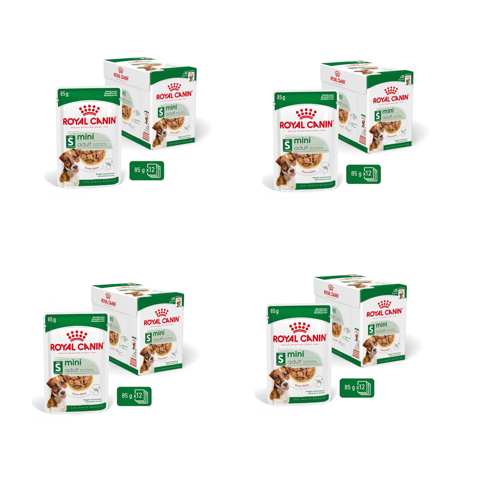 Royal Canin Mini Adult en Salsa | Pack de 4 | 4 x 12 x 85 g | Comida húmeda para Perros pequeños Adultos (de 1 a 10 kg) | De 10 Meses a 12 años | Contenido energético Ajustado